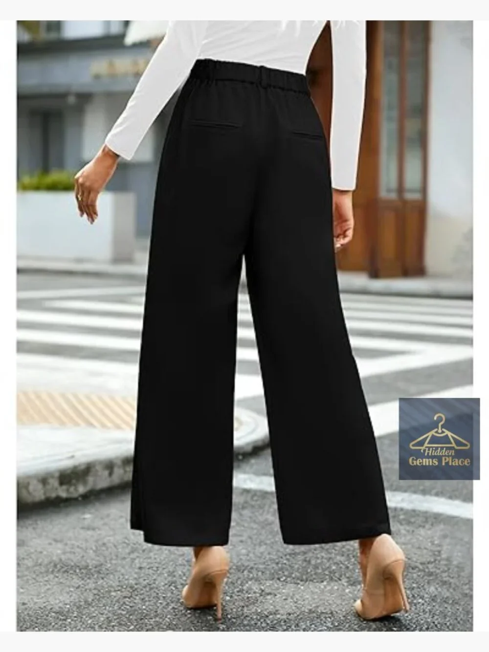 High Waisted Wide Leg Work Pants Polyester Stretch Business Casual - Picture 2 of 7